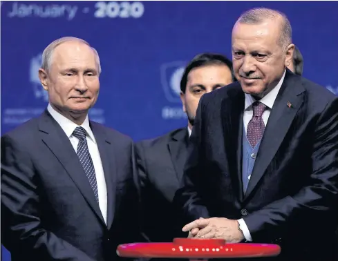  ??  ?? NOMINAL ALLIES: Turkish President Tayyip Erdogan and Russian President Vladimir Putin in Istanbul, Turkey, in January.