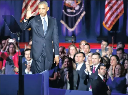  ?? Picture: EPA ?? FAREWELL: US President Barack Obama waves to the crowd after delivering his farewell address to the American people at McCormick Place in Chicago, Illinois on Tuesday night. Obama’s eight-year term as president of the US ends on January 20 when...