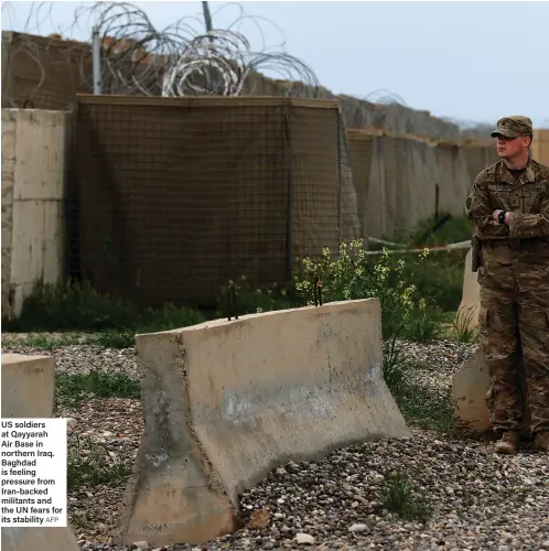  ?? AFP ?? US soldiers at Qayyarah Air Base in northern Iraq. Baghdad is feeling pressure from Iran-backed militants and the UN fears for its stability