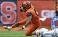  ?? SCOTT SCHILD/THE POST-STANDARD VIA AP ?? Syracuse running back Moe Neal (21) runs against North Carolina during an NCAA college football game, Saturday, Oct. 20, 2018, in Syracuse, N.Y.