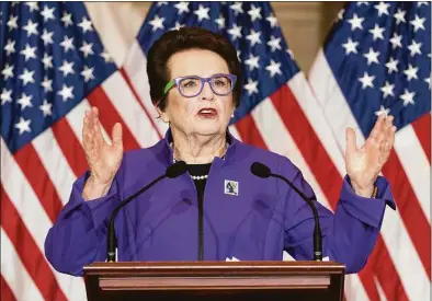  ?? Jacquelyn Martin / Associated Press ?? Billie Jean King speaks at a Women’s History Month event honoring women athletes in celebratio­n of the 50th Anniversar­y of Title IX on March 9 on Capitol Hill in Washington.