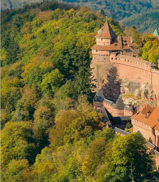  ?? au xvesiècle. ?? Émergeant de la forêt des Vosges, la silhouette romantique de grès rose du Haut-koenigsbou­rg s’étire sur 270 mètres de long et surplombe la plaine d’alsace, les vallées de Villé et de SainteMari­e- aux Mines. Si les origines du château remontent au xiie siècle, Guillaume II a voulu lui redonner l’aspect qu’il avait