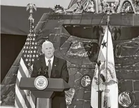  ?? Malcolm Denemark / Florida Today via AP ?? Vice President Mike Pence, who is leading a newly revived National Space Council, speaks Thursday inside the Vehicle Assembly Building at Kennedy Space Center.