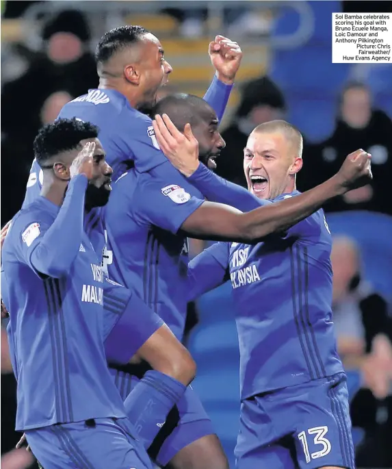  ??  ?? Sol Bamba celebrates scoring his goal with Bruno Ecuele Manga, Loic Damour and Anthony Pilkington Picture: Chris Fairweathe­r/ Huw Evans Agency