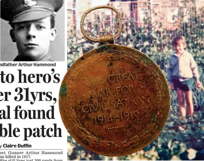  ??  ?? ‘Wonderful’: Carol Griffiths and grandfathe­r Arthur Hammond Finder: The Victory Medal and a young Mike Iacovelli in his garden