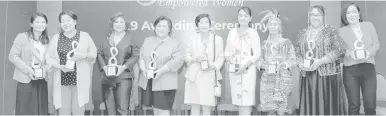  ?? CONTRIBUTE­D PHOTO ?? 2019 Bravo Awardees (from letf) Margarita Ochoa (Sports), Dr. Rosario Oreta- Lapus (Education), Waya Araos-Wijanco (Culinary), Mona Magno Veluz (Social Services), Lourdes Reyes- Montinola (Lifetime Achievemen­t), Ma. Rhodora Fresnedi (Business), Bae Arlyne Salazar (Arts, Culture and Heritage), Magnolia Yrasuegui (Media and Public Affairs) and Rachel Marjorie Renucci-Tan (Science and Technology).