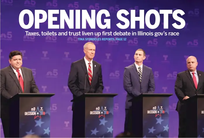  ?? NBC5 CHICAGO ?? Illinois gubernator­ial candidates (from left) J.B. Pritzker, Gov. Bruce Rauner, Grayson “Kash” Jackson and Sam McCann take part in Thursday’s televised debate.