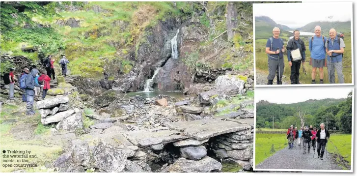  ??  ?? Trekking by the waterfall and, insets, in the open countrysid­e