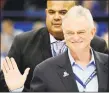  ?? Jessica Hill / Associated Press ?? Denis Nayden acknowledg­es the fans before an NCAA college basketball game against U.C. Davis in 2013 in Hartford.