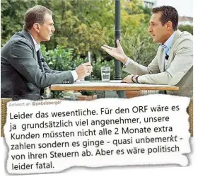  ??  ?? Schon seit Jahren immer wieder im öffentlich­en Clinch: Starmodera­tor Armin Wolf hier beim ORF-„ Sommergesp­räch“mit FPÖ- Chef Heinz- Christian Strache im August 2012. Jetzt wirft sich Wolf mit einer Twitter- Meldung in die Schlacht um die ORF- Gebühren....