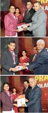  ??  ?? Some of the beneficiar­y students receiving Ceylinco Life Pranama scholarshi­ps from the Chief Guest Prof. Kapila Perera (top), Ceylinco Life Chairman R. Renganatha­n (middle) and the Company’s Managing Director Thushara Ranasinghe (bottom).