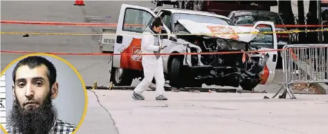  ?? FOTOS: AP, REUTERS ?? Die Spurensich­erung am Wrack des Fahrzeugs, mit dem Sayfullo Saipow (kleines Bild) acht Menschen tötete.