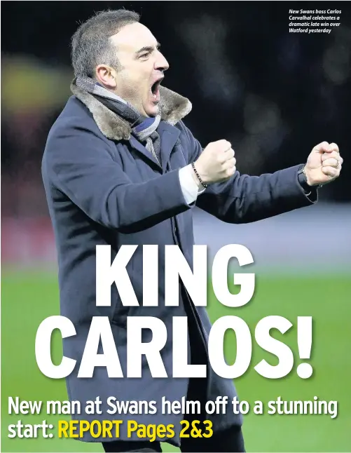  ??  ?? New Swans boss Carlos Carvalhal celebrates a dramatic late win over Watford yesterday