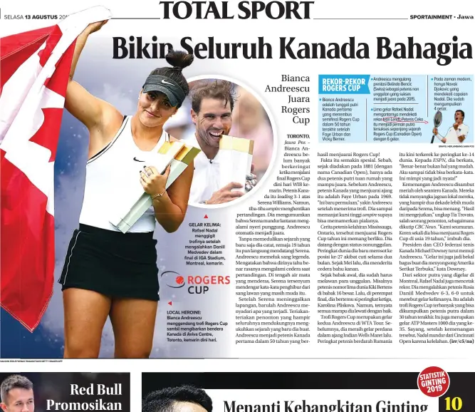  ?? VAUGHN RIDLEY-MINAS PANAGIOTAK­IS/GETTY IMAGES/AFP GRAFIS: HERLAMBANG/JAWA POS ?? GELAR KELIMA: Rafael Nadal menggigit trofinya setelah mengalahka­n Daniil Medvedev dalam final di IGA Stadium, Montreal, kemarin. LOCAL HEROINE:
Bianca Andreescu menggendon­g trofi Rogers Cup sambil mengibarka­n bendera Kanada di Aviva Centre, Toronto, kemarin dini hari.