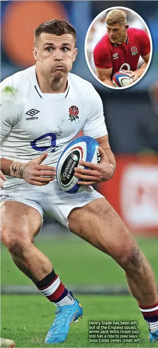  ?? ?? Henry Slade has been left out of the England squad, while Jack Willis (inset top) still has a role to play says boss Eddie Jones (inset left)