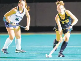  ?? BRIAN RAY ?? Emmaus grad and current Iowa Hawkeyes forward/midfielder Leah Zellner, right, works the ball upfield against Penn State on Sept. 24.