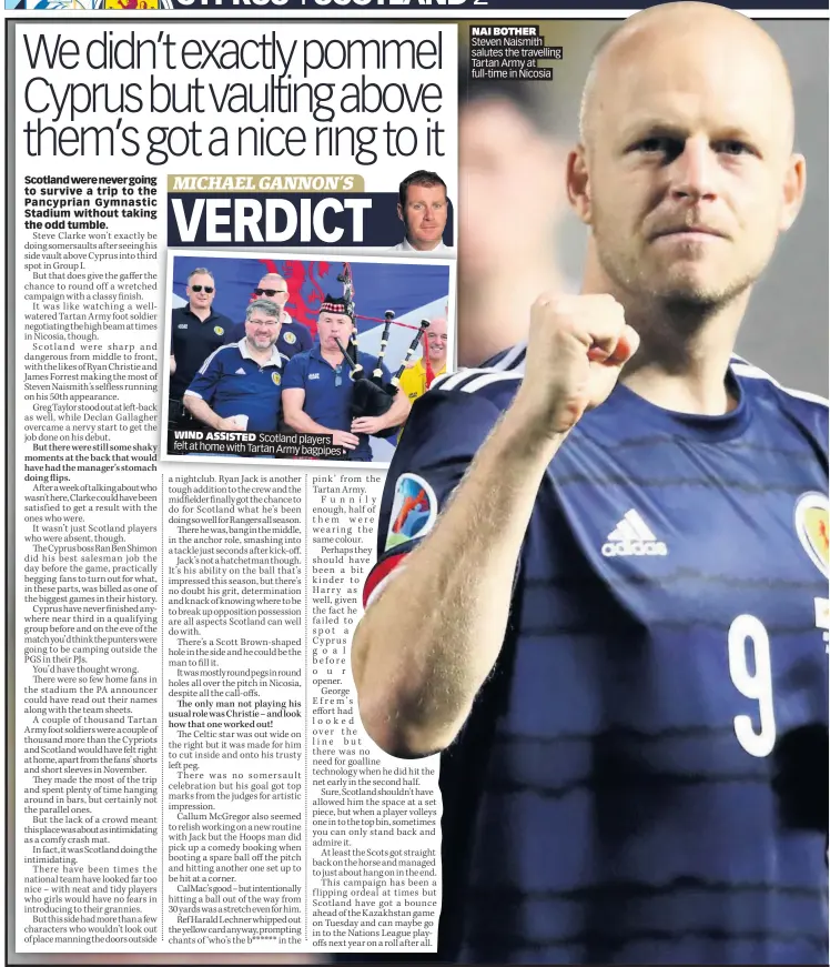  ??  ?? NAI BOTHER Steven Naismith salutes the travelling Tartan Army at full-time in Nicosia