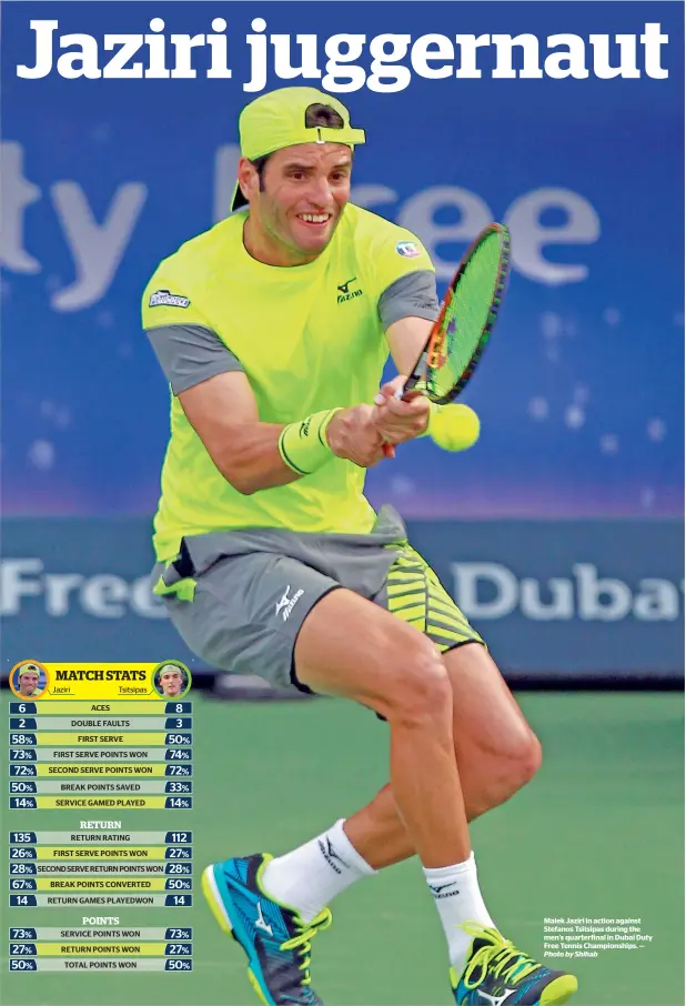  ?? Photo by Shihab ?? Malek Jaziri in action against Stefanos Tsitsipas during the men’s quarterfin­al in Dubai Duty Free Tennis Championsh­ips. —