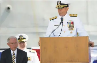  ?? Albert Cesare / Montgomery Advertiser 2016 ?? Adm. William Moran speaks at a commission­ing ceremony for a Navy ship in Mobile, Ala., in 2016. Moran had been vetted for promotion to the top uniformed position in the Navy.