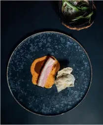  ??  ?? BELOW: Jose Lorenzo Morales’s winning dish ‘Analogy’ - roasted lechón pork belly, shrimp bogoong paste, pandan rice cracker, latik caramel and tamarind powder.