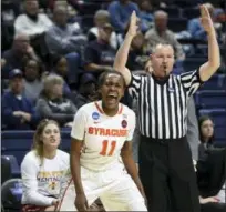  ?? JESSICA HILL — THE ASSOCIATED PRESS FILE PHOTO ?? Syracuse’s Gabby Cooper reacts after hitting a 3-pointer against Iowa State on Saturday.