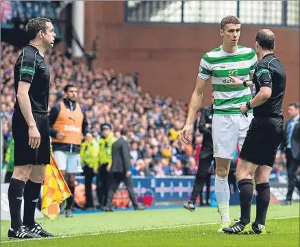  ??  ?? Douglas Ross, left and inset, on the line at Ibrox last week as referee Willie Collum sends off Jozo Simunovic