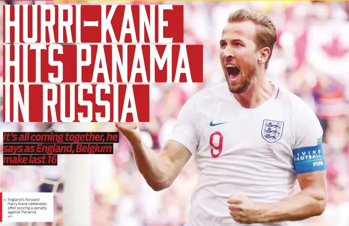  ?? AFP ?? England’s forward Harry Kane celebrates after scoring a penalty against Panama.
