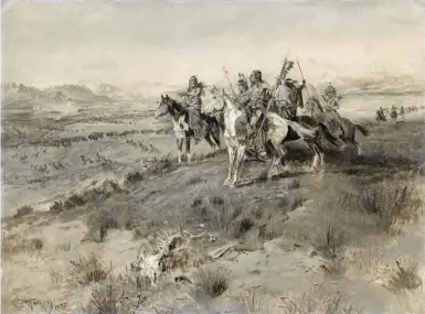  ??  ?? Charles M. Russell (1864-1926), Before the White Man Came (Indian Game Hunt), 1897, oil en grisaille on board, 21 x 27” Estimate: $600/800,000