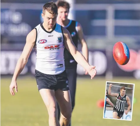  ??  ?? HE’S BACK: Jack Trengove at training this week. Inset: In action for Port Adelaide in the SANFL. Pictures: AAP, SARAH REED