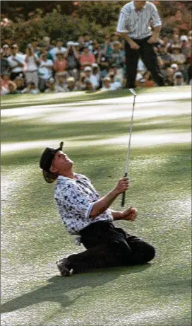  ?? PHIL SANDLIN / AP ?? Greg Norman drops to the ground after he missed his putt for an eagle on the 15th hole during final-round play of the 1996 Masters. “This is one I let get away, but it’s not the end of the world. Nick (Faldo) played great. I played poor,” said Norman.