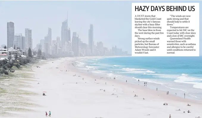  ?? Picture: GLENN HAMPSON ?? The Famous Gold Coast skyline blurred by a dust haze that decended on the city.