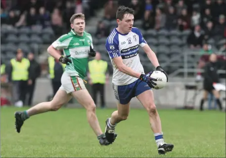  ??  ?? Eoghan McSweeney eyes up a shot during Knocknagre­e’s victory over Waterford side, St. Mary’s, in the semi-final of the Munster Club Junior Football Championsh­ip in Mallow last weekend. Photo by Eric Barry