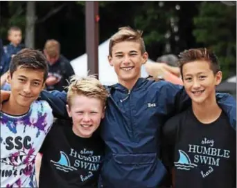  ?? SUBMITTED PHOTO ?? Springfiel­d 12U freestyle relay team (from left) Luke Kennedy, Tristan Ronayne, Benjamin Kutufaris and Jake Kennedy celebrate after breaking a 37-year-old Springfiel­d pool record Saturday in 1:52.07.