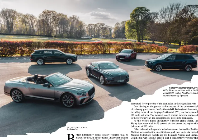  ?? PHOTOGRAPH COURTESY OF BENTLEY PH ?? WITH 90 more vehicles sold in 2023 versus 2022, Bentley Asia Pacific raised its performanc­e by 4 percent.