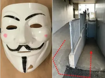  ?? Bilder: Polisen ?? Den så kallade Anonymous-masken och en av de undanskymd­a platserna för rånen är några av inslagen i polisens utredning efter serierånen i centrala Göteborg.