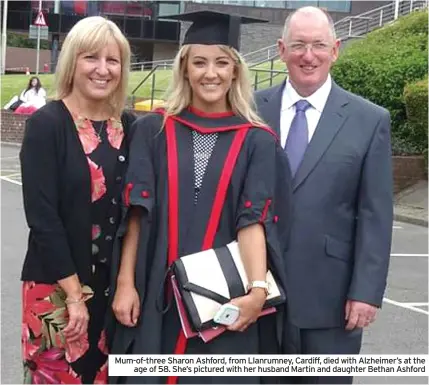  ??  ?? Mum-of-three Sharon Ashford, from Llanrumney, Cardiff, died with Alzheimer’s at the age of 58. She’s pictured with her husband Martin and daughter Bethan Ashford