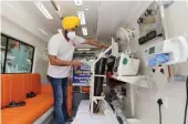  ?? — PTI ?? A Shaheed Bhagat Singh Sewa Dal worker inside an advanced life support ambulance donated by Bollywood actor Akshay Kumar in New Delhi on Friday.