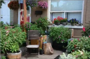  ??  ?? Top: Chairs are popping up in front yard gardens. This one on Sheaffe Street in the North End is surrounded by containers. The whole garden is planted in pots.