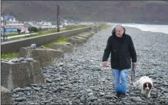  ?? ?? Stuart Eves, a Fairbourne resident, walks along the beach with his dog Lucy near the sea defense wall behind the World War II anti-tank defenses in the village.