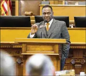  ?? ALYSSA POINTER / ALYSSA.POINTER@AJC.COM ?? State Rep. Winfred Dukes speaks against HB 324 in the House during the afternoon session on Tuesday. Other opponents of the proposal, including sheriffs and some religious groups, say it could lead to outright marijuana legalizati­on.