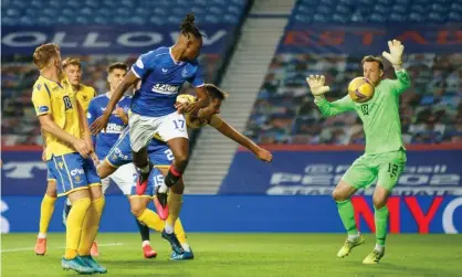  ?? Photograph: Reuters ?? Joe Aribo scores the third goal for Rangers in the 3-0 win over St Johnstone at Ibrox.