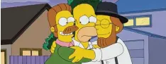  ?? Foto: Imago/Cinema Publishers Collection ?? Homer (Mitte) mit dem frommen Ned Flanders (links) – die Karikatur eines christli chen Fundamenta­listen. Daneben: Neds Cousin.