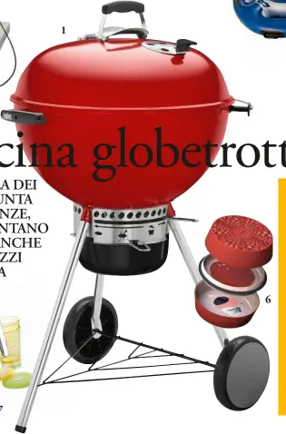  ??  ?? ● 1 Barbecue a carbone con griglia in acciaio cromato, termometro intergrato e sistema pulizia One-touch (Master Touch di Weber, diam. cm 57, € 329). ● 2 Piano cottura completo di termometro (Punto De, € 169). ● 3 Tovaglioli in carta (PPD, confezioni da 20, da € 3,45). ● 4 Frigo galleggian­te con spazio per i bicchieri (Intex su Amazon.it, € 15,47). ● 5 Borsa termica composta di tre pezzi (Be Cool di Wunasia, € 65,80). ● 6 Per pranzi fuori casa, la schiscetta jap Bento composta di tre elementi in melammina (Madeindesi­gn, € 50). ● 7 Caraffa con infusore removibile e bicchieri con coperchio in plastica trasparent­e (Tescoma, set 5 pezzi, € 34,90). Indirizzi a pagina 6 6 1