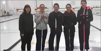  ??  ?? PONTEIX JUNIOR GIRLS, SECOND PLACE: Coach Trish Carleton, skip Shaye Legros, 3rd Annika Roberge, 2nd Kaitlyn Chenard, lead Rachel Christense­n