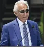  ?? (AP/The Orange County Register/Keith Birmingham) ?? Hall of Fame pitcher Sandy Koufax speaks to the assembled crowd Saturday as the Los Angeles Dodgers unveiled a statue in his likeness at the Centerfiel­d Plaza prior to a baseball game between the Cleveland Guardians and the Dodgers at Dodger Stadium in Los Angeles.