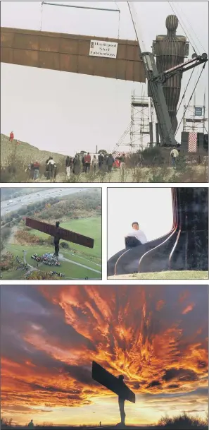  ??  ?? Top, a wing being attached to the Angel of the North during its constructi­on in 1998; middle, from left, a brass band plays at the statue’s feet to celebrate its birthday; Anthony Gormley sits on a foot of the statue; above, the sun setting behind the...