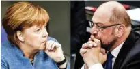  ?? - Reuters ?? DEBATE: A combinatio­n of two photos show German Chancellor Angela Merkel and Social Democratic Party (SPD) leader Martin Schulz as they attend a debate of the lower house of parliament Bundestag in Berlin, Germany, on December 12, 2017.