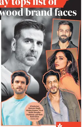  ?? PHOTOS: HTBS ?? (Clockwise) Ranveer Singh, Akshay Kumar, Virat Kohli, Deepika Padukone and Shah Rukh Khan