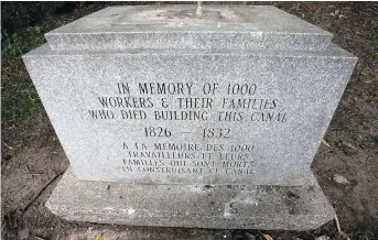  ?? WAYNE CUDDINGTON ?? After it was damaged in August 2017, this base was all that was left of the Celtic Cross honouring the workers who died building the Rideau Canal. The monument was repaired and rededicate­d this past April.