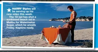  ??  ?? will be serving up his new video this week. The 1D lad has shot a sunkissed beach vid in Malibu for Watermelon Sugar, which he unveils Friday. Napkins ready.